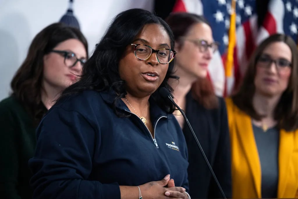UNITED STATES - MARCH 13: Rep. LaMonica McIver, D-N.J., speaks during a news conference with freshmen women during the House Democrats 2025 Issues Conference at the Lansdowne Resort in Leesburg, Va., on Thursday, March 13, 2025.