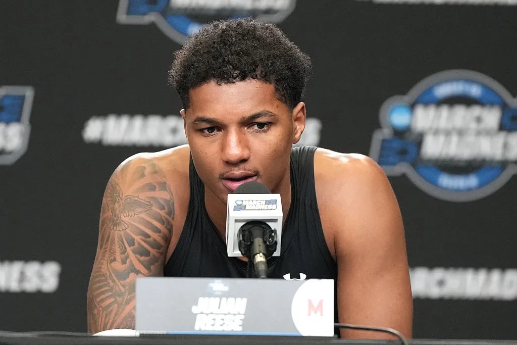 SAN FRANCISCO, CA - MARCH 27: Julian Reese #10 of the Maryland Terrapins addresses the media after the NCAA Men's Basketball Tournament Sweet 16 game against the Florida Gators at the Chase Center on March 27, 2025 in San Francisco, California.