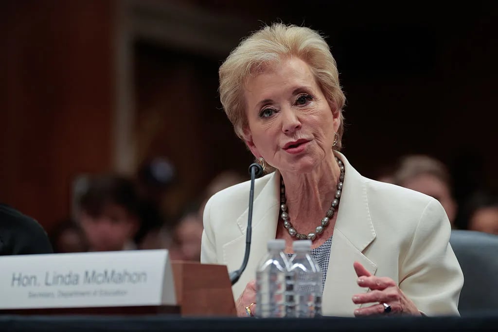 WASHINGTON, DC - JUNE 03: Education Secretary Linda McMahon testifies before the Senate Appropriations Committee's Labor, Health and Human Services, and Education Subcommittee about the proposed 15-percent cut to the Education Department's budget in the Dirksen Senate Office Building on Capitol Hill on June 03, 2025 in Washington, DC. President Donald Trump tasked McMahon with shutting down the Education Department, however, its FY2026 budget maintains spending levels for Title I and special education while slashing funding for Pell Grants and other programs for low-income students.