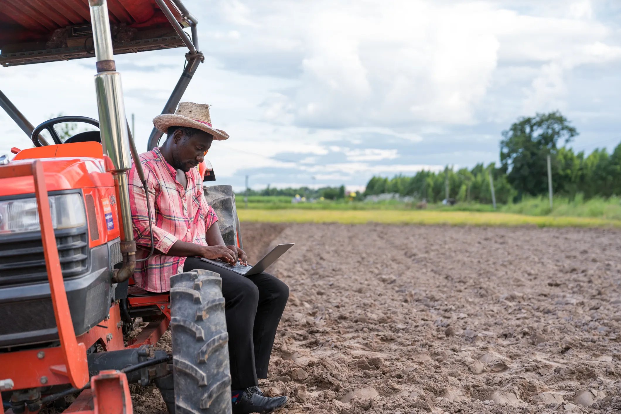 Shot of young farmer using laptop,counts yields in field.
