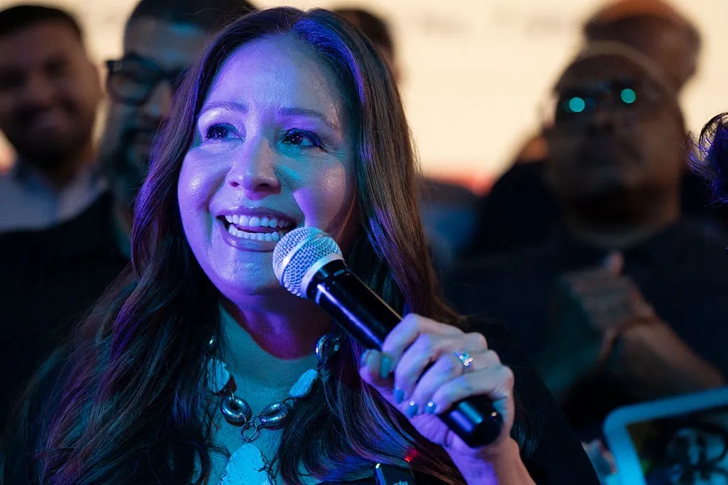 Democratic U.S. congressional candidate Adelita Grijalva speaks at a primary election-night party at El Casino Ballroom on July 15, 2025 in South Tucson, Arizona. Grijalva, the Pima County supervisor, is running in a special election held for the state's 7th District seat vacated by the death of her father, longtime U.S. Rep. Raul Grijalva