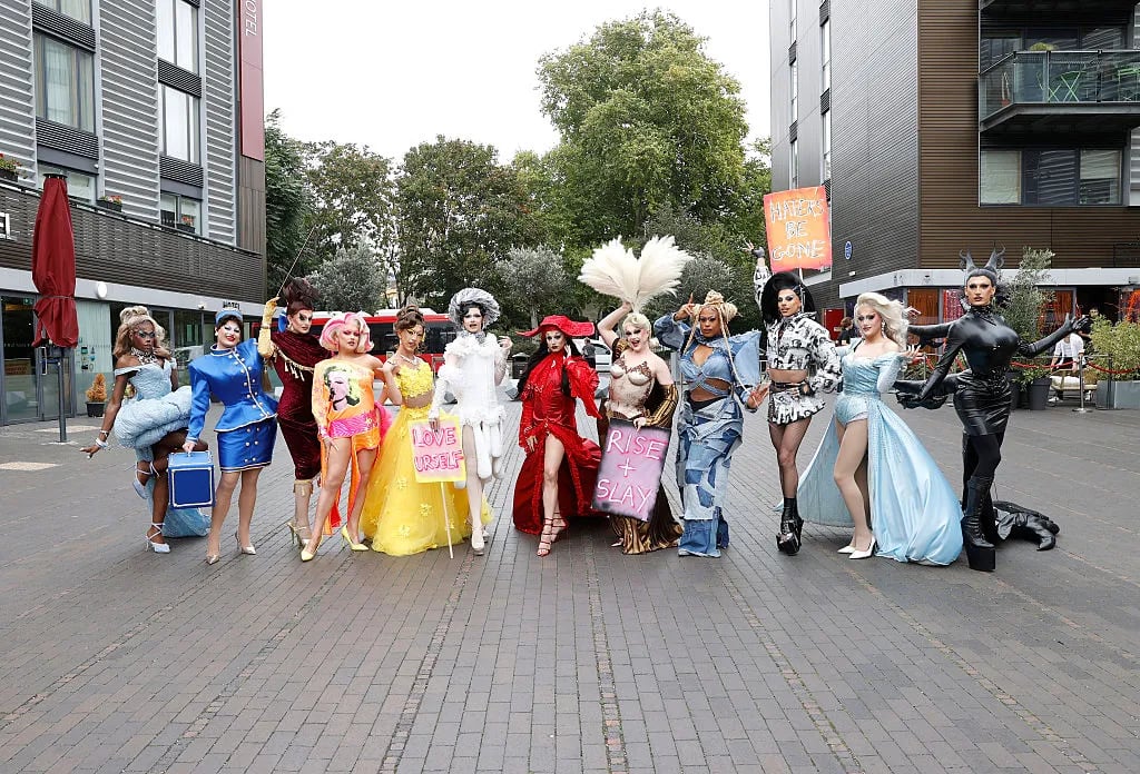 LONDON, ENGLAND - SEPTEMBER 18: (L-R) Nyongbella, Pasty, Viola, Elle Vosque, Chai T Grande, Sally TM, Bones, Bonnie Ann Clyde, Tayris Mongardi, Paige Three, Catrin Feelings and Silllexa Diction attend the RuPaul's Drag Race UK Series Seven Launch at the Arzner Cinema on September 18, 2025 in London, England.
