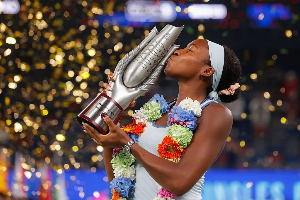 Coco Gauff with winners trophy after winning against Jessica Pegula at Wuhan Open