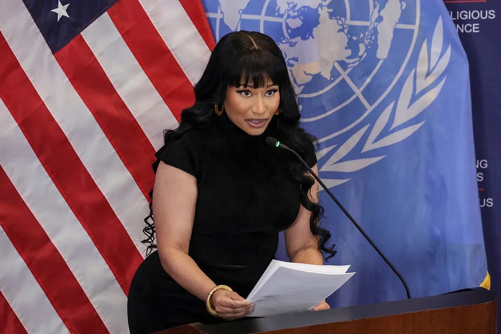 Trinidadian-US rapper Nicki Minaj speaks during the panel discussion "Combatting Religious Violence and the Killing of Christians in Nigeria" at the US Mission to the United Nations in New York City, on November 18, 2025.