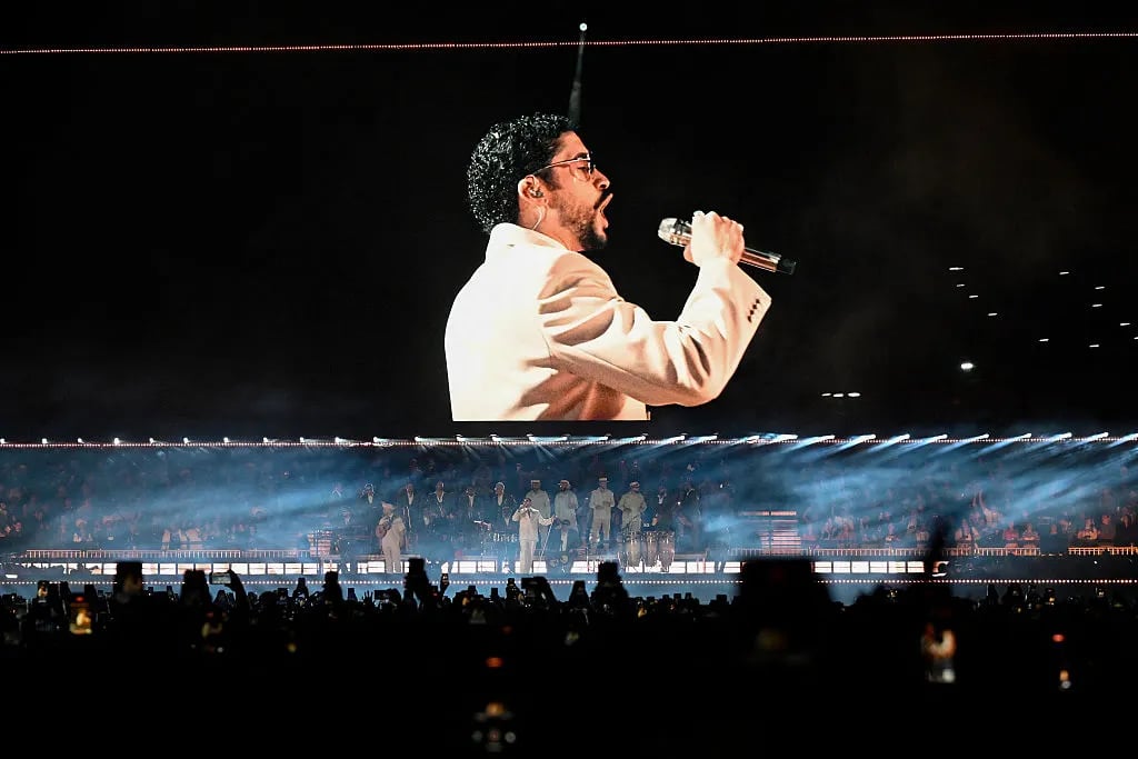 Puerto Rican rapper Bad Bunny performs on stage during his "Debi tirar mas fotos" world tour in Mexico City on December 10, 2025.
