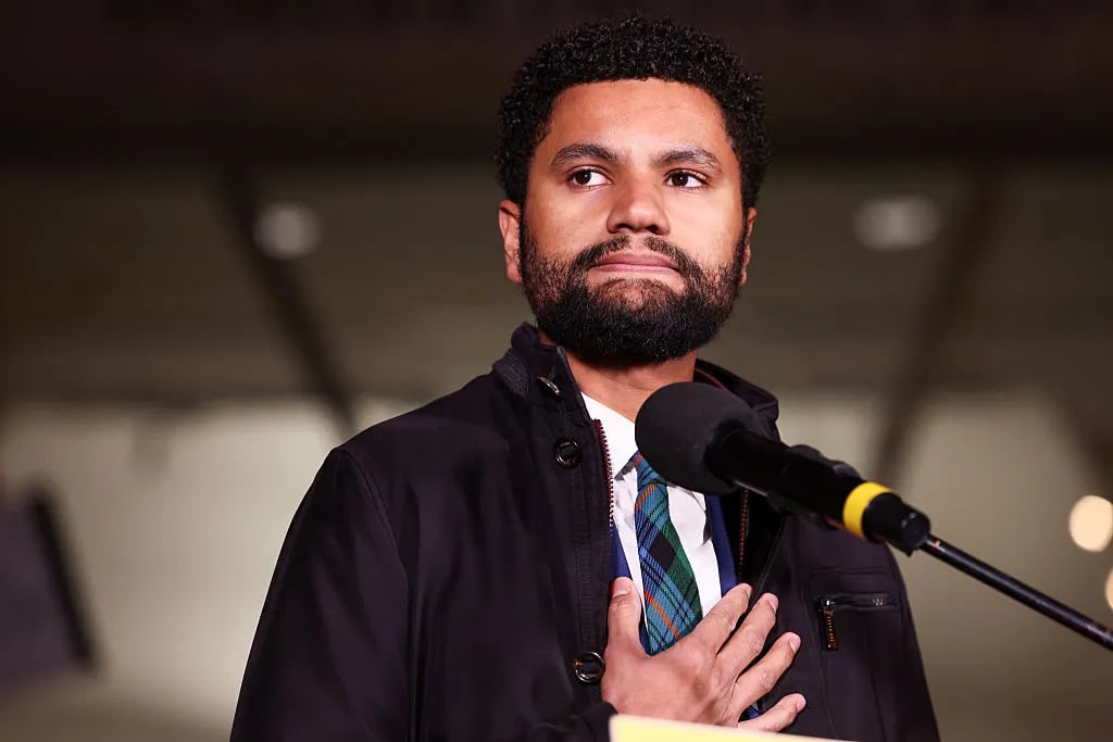WASHINGTON, DC - JANUARY 13: Rep. Maxwell Frost (D-FL) speaks during the ICE Out for Good Protest at the U.S. Customs and Border Protection Office on January 13, 2026 in Washington, DC.