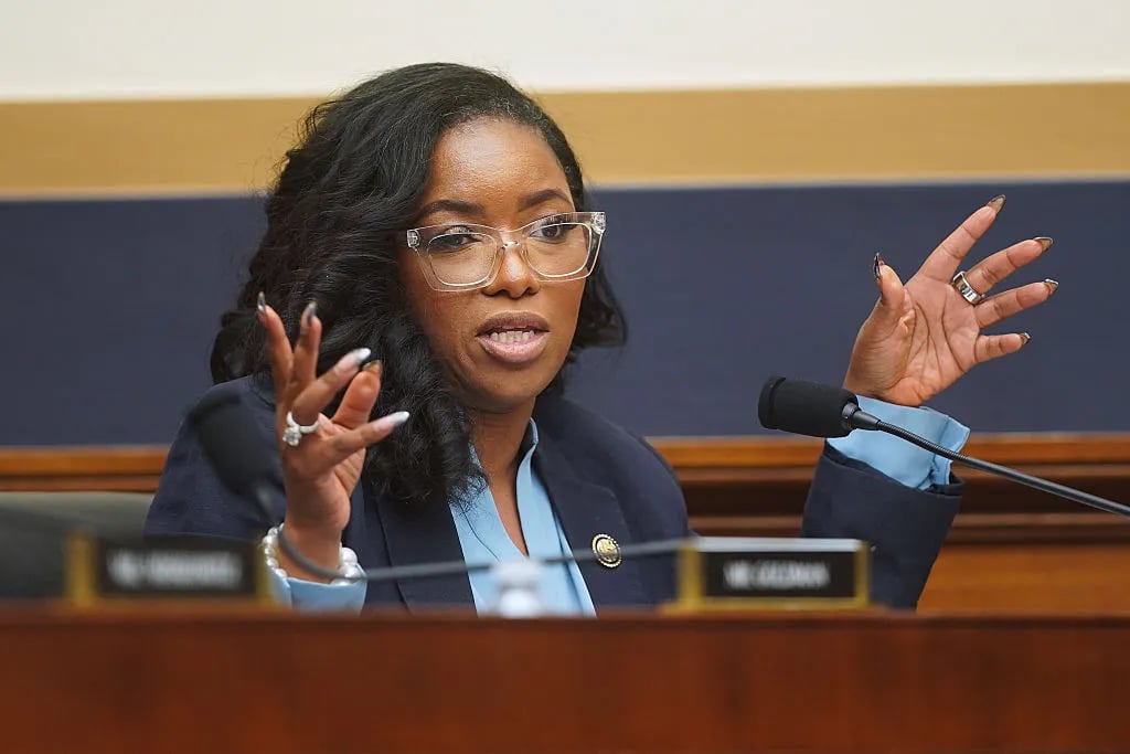 WASHINGTON, DC - JANUARY 22: U.S. Rep. Jasmine Crockett (D-TX) questions former Special Counsel Jack Smith as he testifies during a hearing before the House Judiciary Committee in the Rayburn House Office Building on Capitol Hill on January 22, 2026 in Washington, DC. Smith testified on his team's federal criminal investigations into President Donald Trump which included 2020 election interference and classified documents.