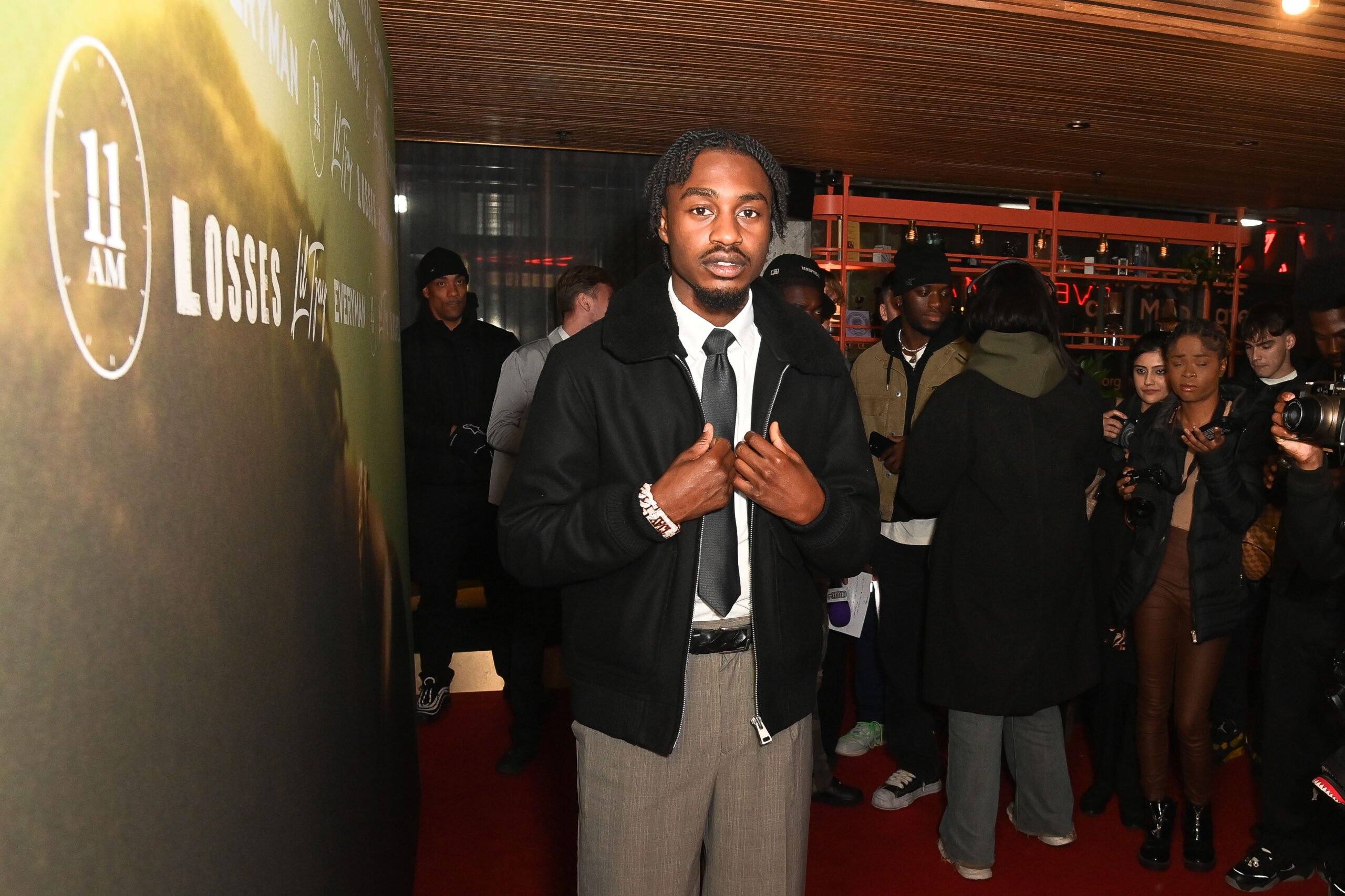 Lil Tjay attends the Lil Tjay premiere at Everyman Broadgate on October 11, 2024 in London, England.
