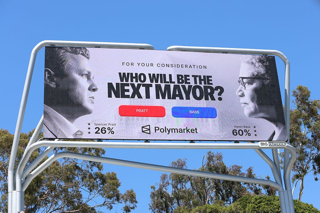 LOS ANGELES, CA - MAY 19: Exterior view of a Spencer Pratt and Karen Bass Mayoral Run Billboard on May 19, 2026 in Los Angeles, California.