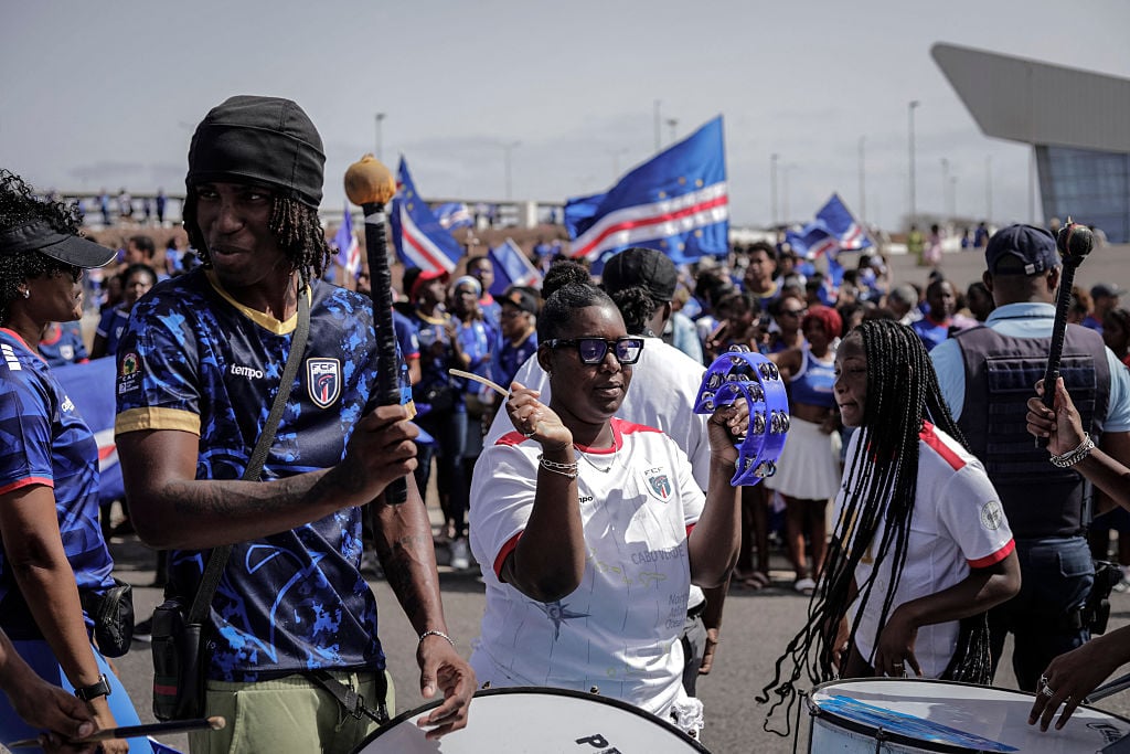Cape Verde supporters celebrate in Praia on July 5, 2026, as the national football team returns home following its participation in the 2026 FIFA World Cup.