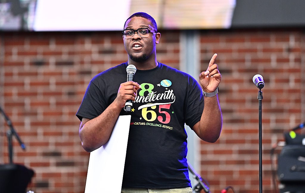 Jayden Williams, Mayor of Stockbridge, speaks onstage during Juneteenth At The Bridge With Common at VyStar Amphitheater at The Bridge on June 19, 2026 in Stockbridge, Georgia.
