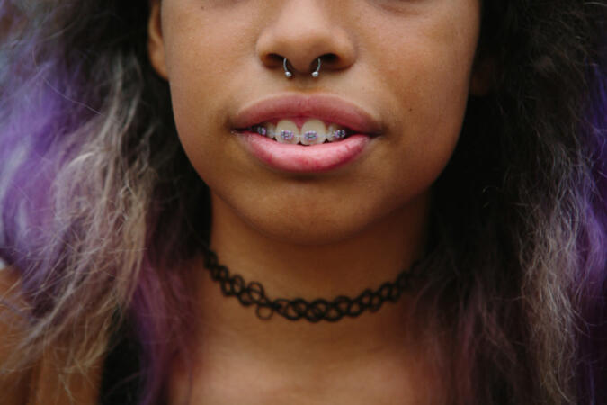 A detail of Arielle, 14, and her septum piercing as she hangs out with her friends after school in Brooklyn, New York on September 29, 2015. CREDIT: Cassandra Giraldo