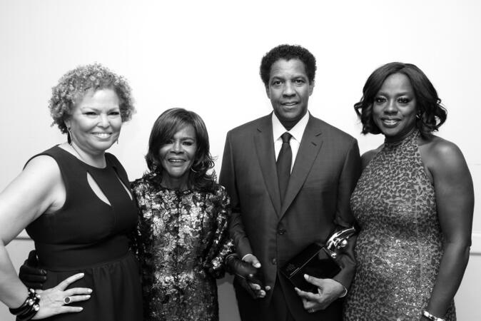 BEVERLY HILLS, CA - FEBRUARY 17: (EDITORS NOTE: Image has been shot in black and white. Color version not available.) Chairman and Chief Executive Officer of BET Debra Lee, actor Cicely Tyson, honoree Denzel Washington and actor Viola Davis attend BET Presents the American Black Film Festival Honors on February 17, 2017 in Beverly Hills, California. (Photo by Earl Gibson III/Getty Images for BET)