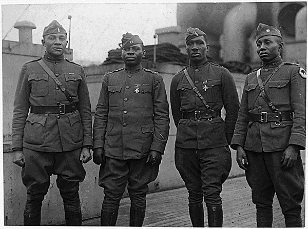 Officers of the 366th Infantry Regiment on board the RMS Aquitania, en route home from World War I service (Credit: Dept of War - National Archives and Records Administration)