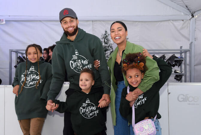 OAKLAND, CALIFORNIA - DECEMBER 11: (L-R) Riley Elizabeth Curry, Stephen Curry, Canon W. Jack Curry, Ayesha Curry and Ryan Carson Curry attend Eat. Learn. Play.'s 10th Annual Christmas with the Currys Celebration at The Bridge Yard on December 11, 2022 in Oakland, California. (Photo by Noah Graham/Getty Images for Eat. Learn. Play.)