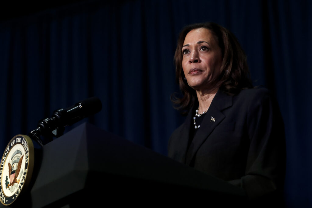 U.S. Vice President Kamala Harris attends a moderated conversation with former Trump administration national security official Olivia Troye and former Republican voter Amanda Stratton on July 17, 2024 in Kalamazoo, Michigan.