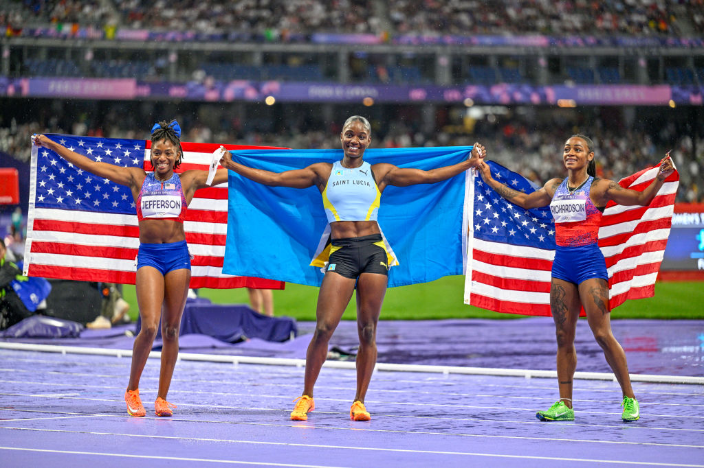 Sha’Carri Richardson Nabs First Olympic Medal With Silver In 100m As Julien Alfred Wins Gold, Giving St. Lucia Its First-Ever Medal | Photo: Andy Astfalck/BSR Agency/Getty Images