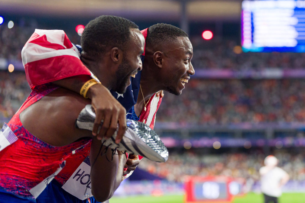 Grant Holloway Lands His First Olympic Gold With 110m Hurdles Win, Daniel Roberts Nabs Bronze | Photo by Andy Cheung/Getty Images