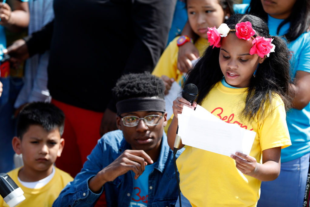 Amariyanna Copeny, also known as Little Miss Flint,  speaks during the "Stand Up to Trump" rally outside the White House April 13, 2017 in Washington, D.C.