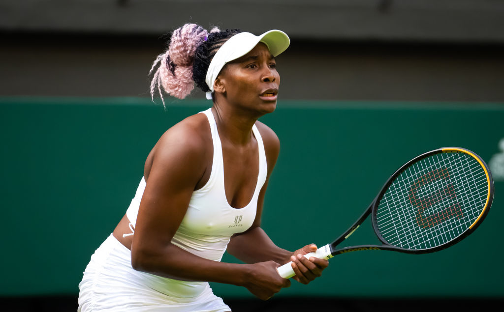 Venus Williams of the United States in action against Elina Svitolina of Ukraine in the first round during Day One of The Championships Wimbledon 2023 at All England Lawn Tennis and Croquet Club on July 03, 2023 in London, England