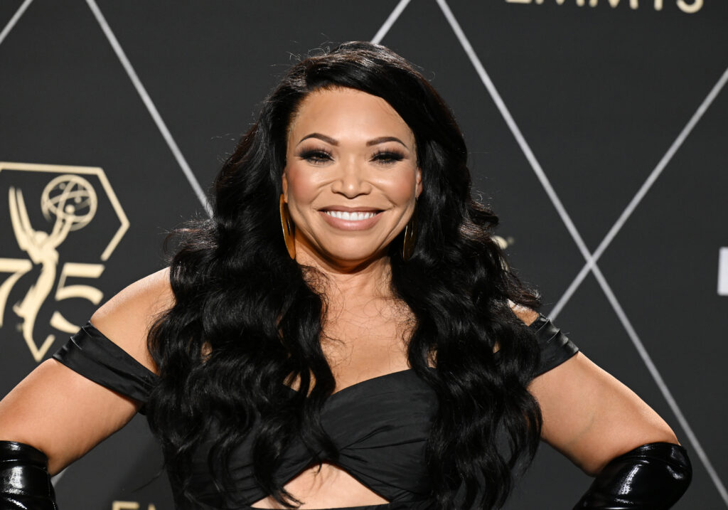 Tisha Campbell poses in a black dress in the press room at the 75th Primetime Emmy Awards held at the Peacock Theater on January 15, 2024 in Los Angeles, California.