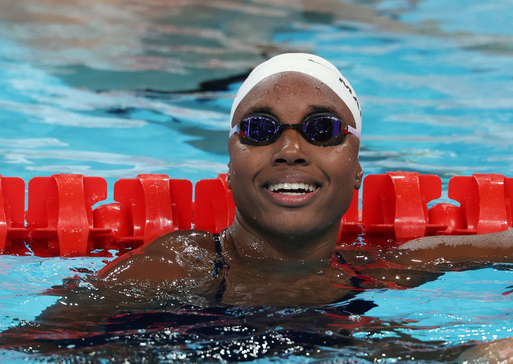 Simone Manuel of Team USA looks on during a training session the competition pool at Paris La Defense Arena ahead of the Paris 2024 Olympic Games