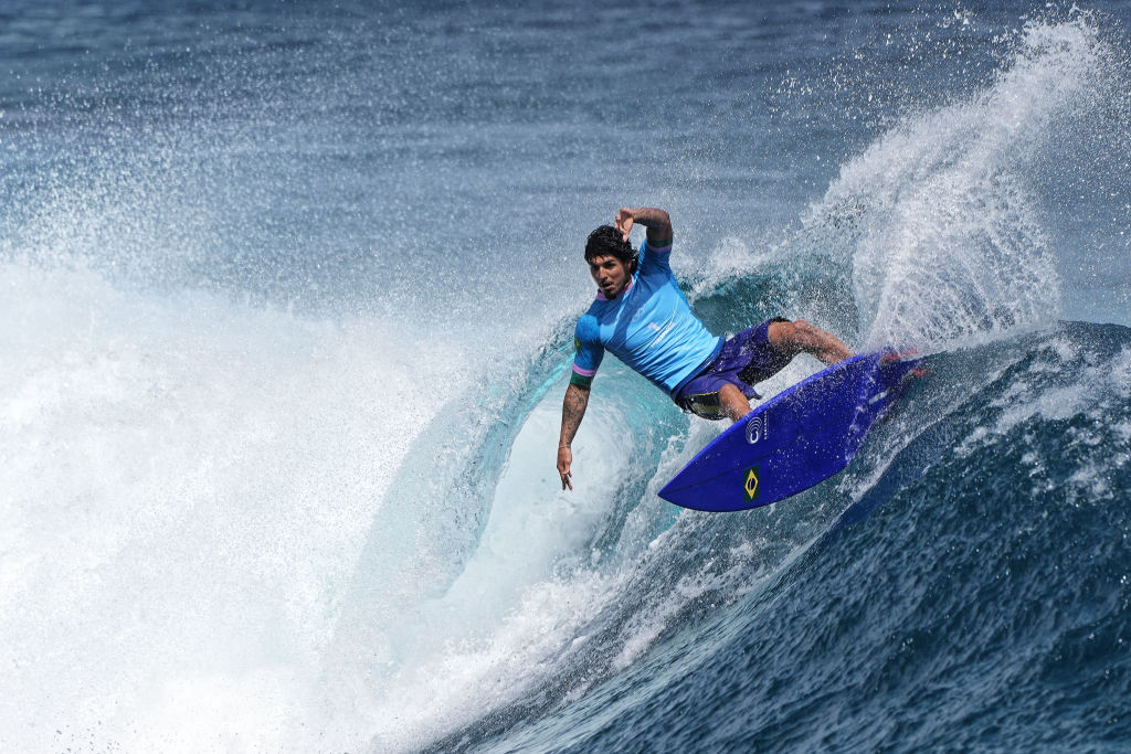 Gabriel Medina of Team Brazil rides a wave during the men's bronze medal match of surfing on day nine of the Olympic Games Paris 2024 at on August 05, 2024 in Teahupo'o, French Polynesia.