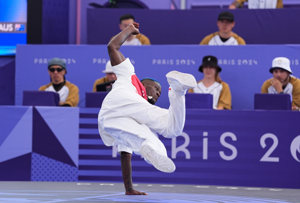 Dany Dann of France competes during the B-Boys Round Robin Group B fight between Dany Dann of France and J Attack of Australia on Day 15 of the Olympic Games Paris 2024 at La Concorde on August 10, 2024 in Paris, France.