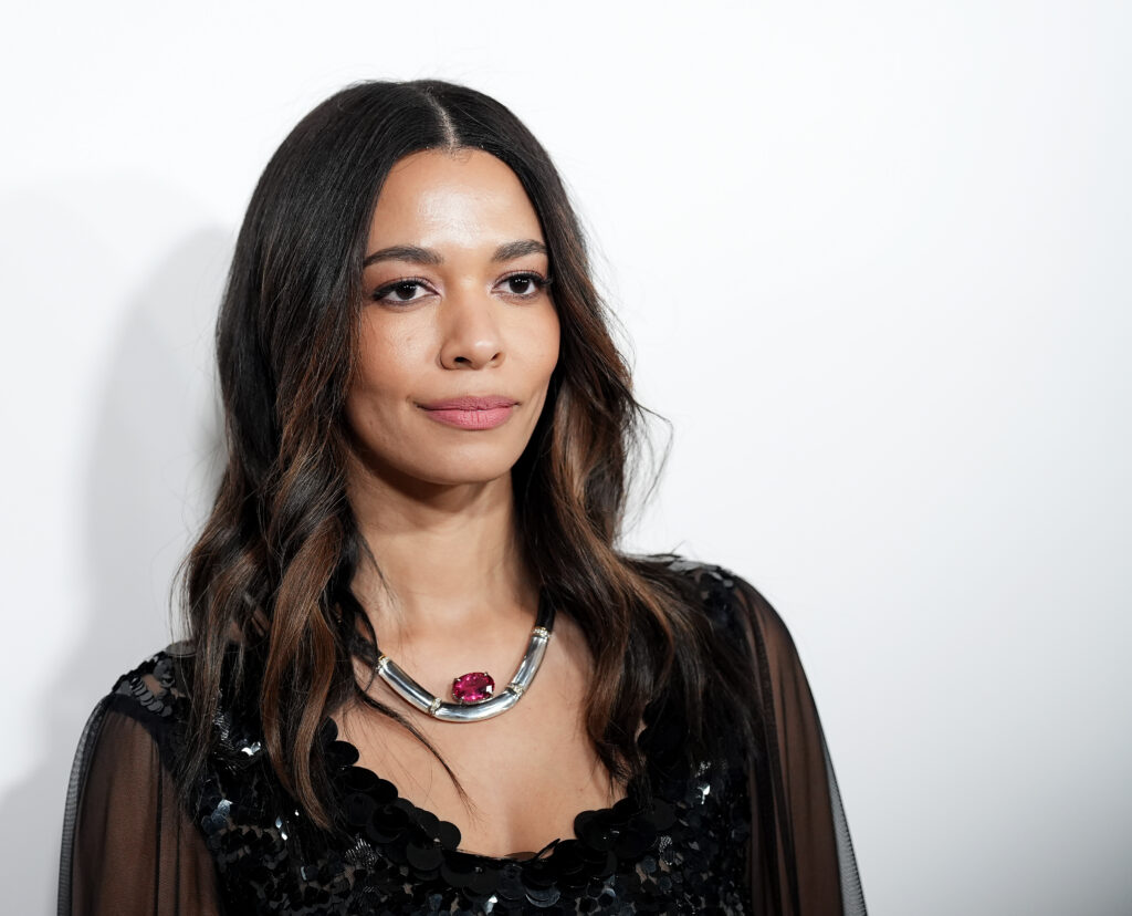 Aurora james on event carpet wearing her hair down, jewelry and a black mesh top