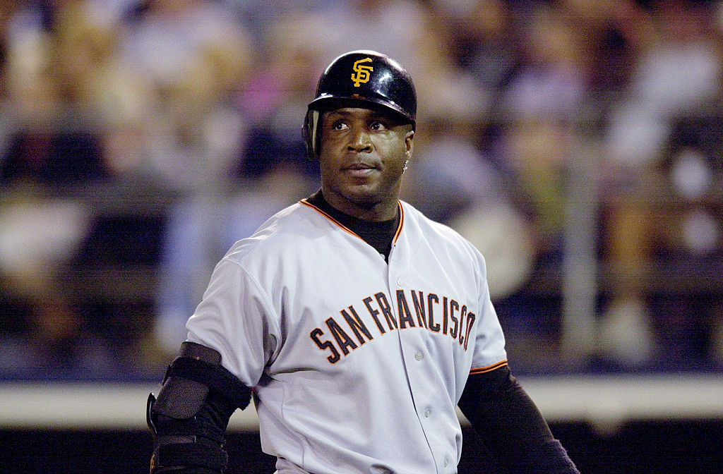 Barry Bonds #25 of the San Francisco Giants  during the first inning against the San Diego Padres at Qualcommm Stadium in San Diego, California.  