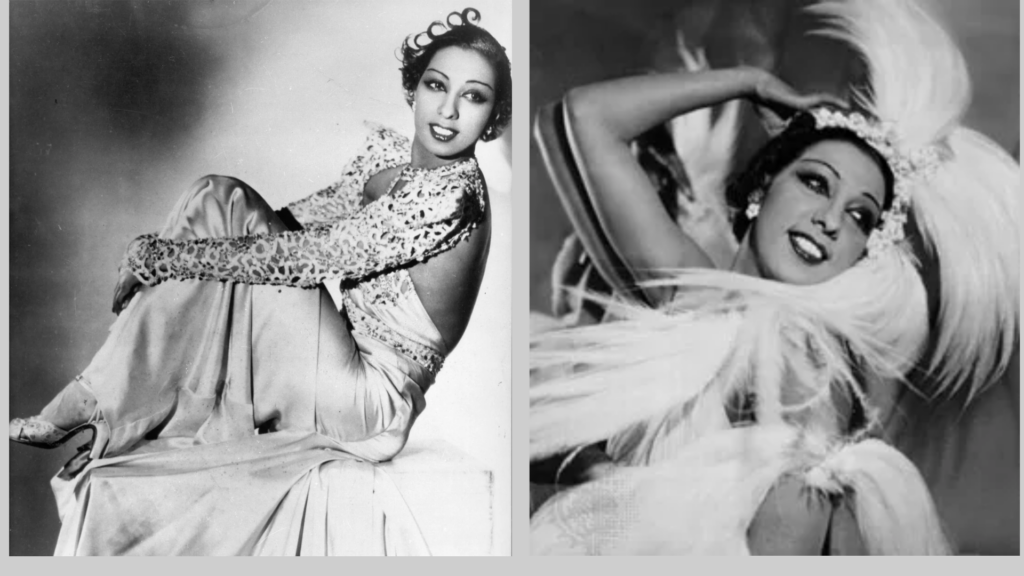 Young Josephine Baker in side by side images of her in her most glamorous stage costumes. 