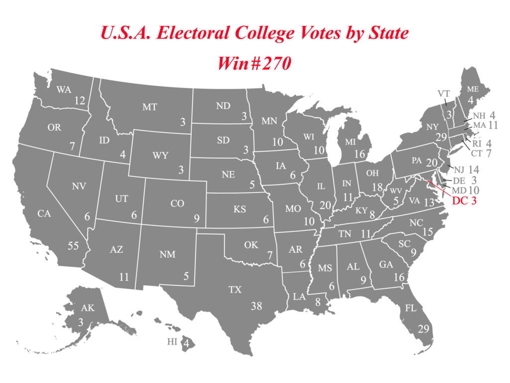 Highly detailed vector map of United States of America with abbreviated names of states and electoral college vote number by state. 270 electoral college votes are required for a presidential candidate to win the election. The map is accurately prepared by a map expert, and the reference for this map can be found at https://www.archives.gov/electoral-college/allocation