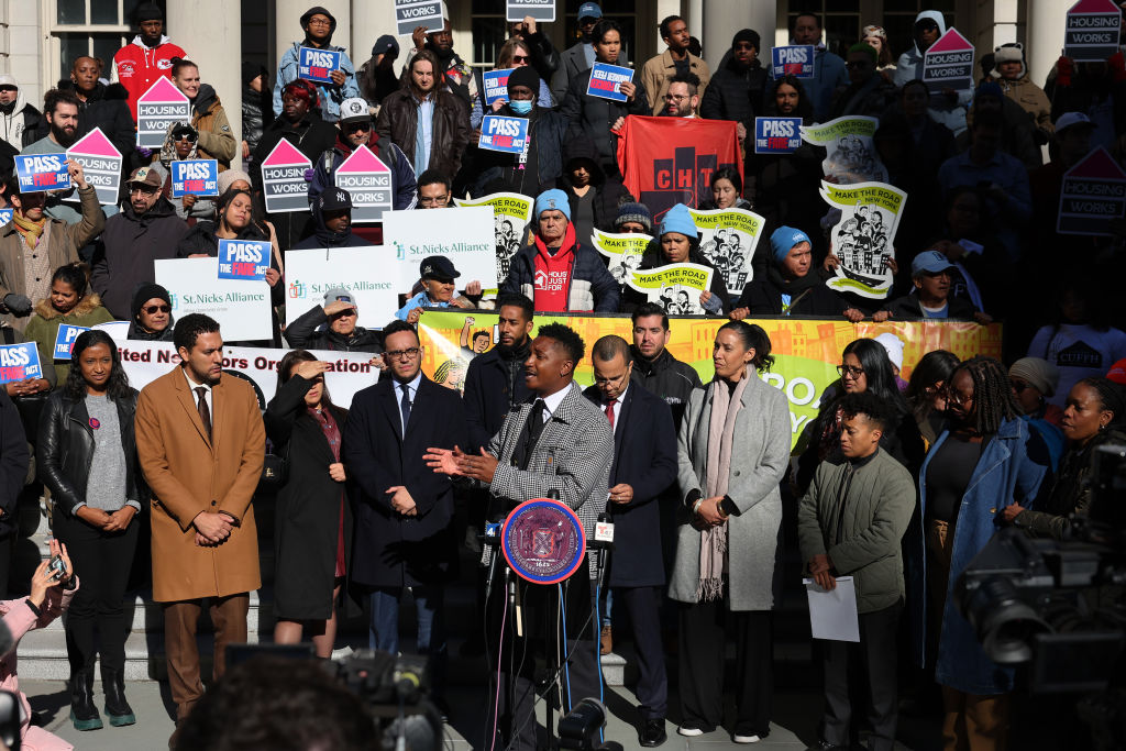 Councilmember Chi Ossé (D-Brooklyn) speaks during a rally at the steps of City Hall ahead of a City Council meeting on November 13, 2024 in New York City