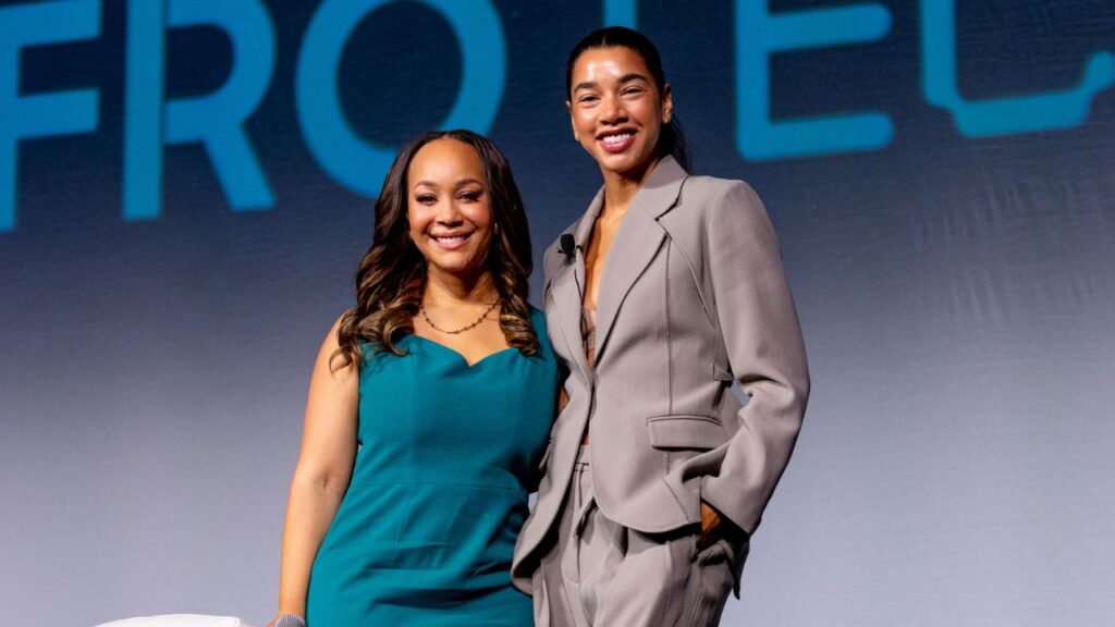 Morgan DeBaun and Hannah Bronfman on stage at AfroTech