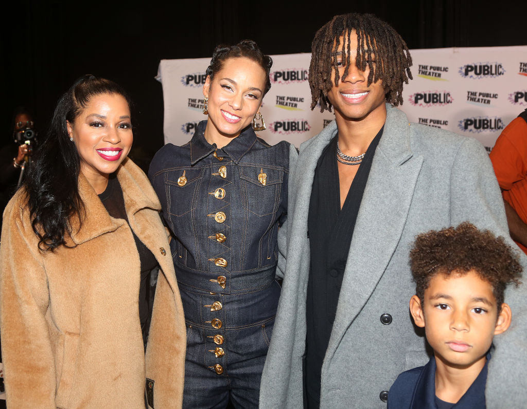 Mashonda Tifrere, Alicia Keys, Kasseem Dean Jr. and Genesis Ali Dean pose at the opening night of the new Alicia Keys Musical "Hell's Kitchen" at The Public Theater on November 19, 2023 in New York City. 