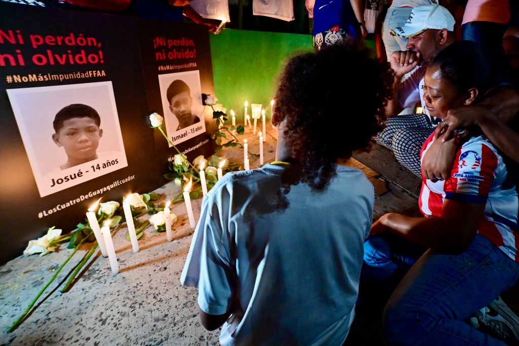 Luis Arroyo and Katy Bustos, parents of Ismael and Josue Arroyo, two of the four Ecuadorian teenagers apprehended by soldiers and found dead near a military base, attend an event a month after their apprehension in Guayaquil, Ecuador on January 8, 2025.