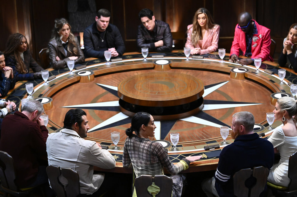 THE TRAITORS -- "I Will Bury You Under The Sand" Episode 304 -- Pictured: (l-r) Sam Asghari, Lord Ivar Mountbatten, Dolores Catania, Danielle Reyes, Gabby Windey, Derrick Levasseur, Tom Sandoval, Chrishell Stause, Bob The Drag Queen, Robyn Dixon, Carolyn Wiger, Wes Bergmann, Nikki Garcia -