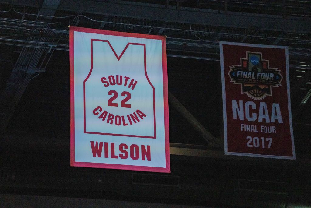 COLUMBIA, SOUTH CAROLINA - FEBRUARY 02: Former South Carolina Gamecocks player A'ja Wilson's jersey is retired  before the game against the Auburn Tigers at Colonial Life Arena on February 02, 2025 in Columbia, South Carolina.  