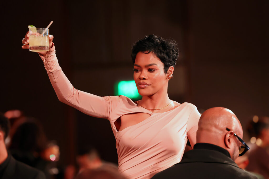 LOS ANGELES, CALIFORNIA - FEBRUARY 27: Teyana Taylor gives a toast during the 2025 ESSENCE Black Women In Hollywood Awards at Fairmont Century Plaza on February 27, 2025 in Los Angeles, California. (Photo by Leon Bennett/Getty Images for ESSENCE)