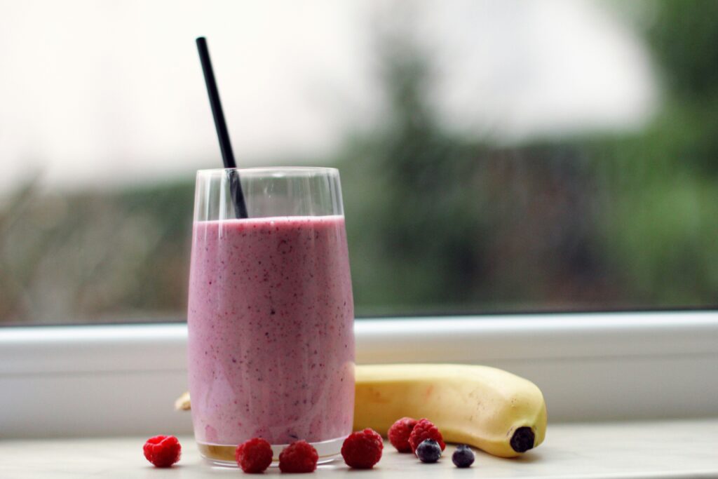 recipe foods for breast cancer pictured: berry banana smoothie