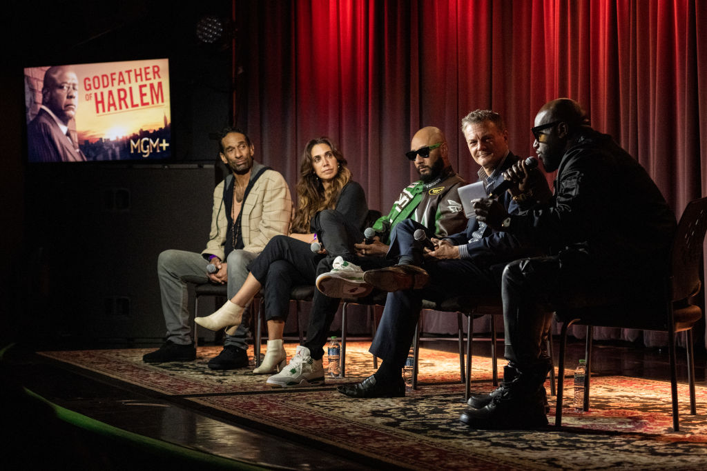 LOS ANGELES, CALIFORNIA - MARCH 22: (L-R) Paul Eckstein, Stephanie Diaz-Matos, Swizz Beatz, Chris Brancato and Rico Love speak during Reel To Reel: Godfather of Harlem at The GRAMMY Museum on March 22, 2023 in Los Angeles, California.