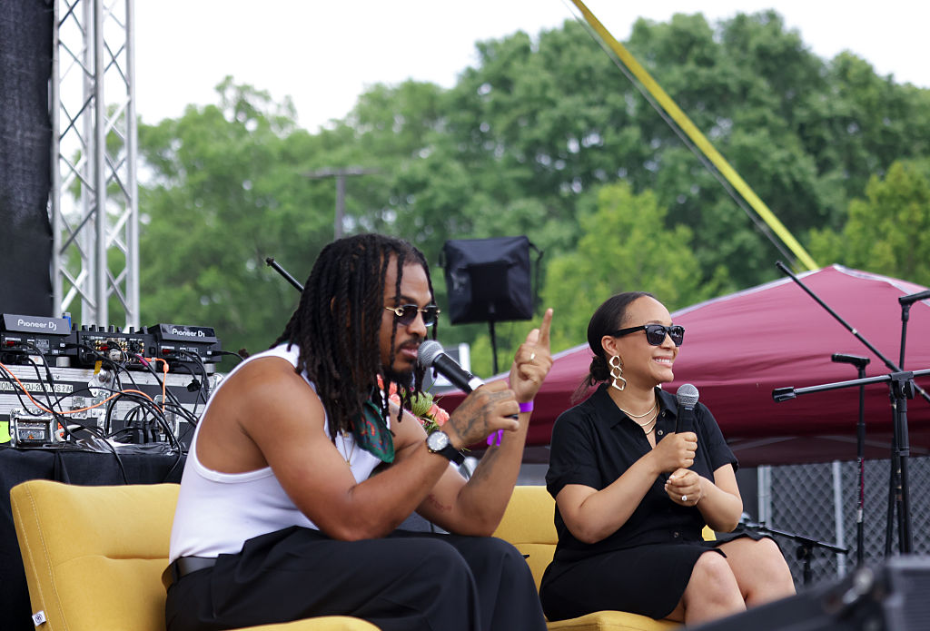 ATLANTA, GEORGIA - JUNE 01: Keith Lee and Morgan DeBaun speak on stage at 2025 Blavity Fest at Lee + White on June 1, 2025 in Atlanta, Georgia 