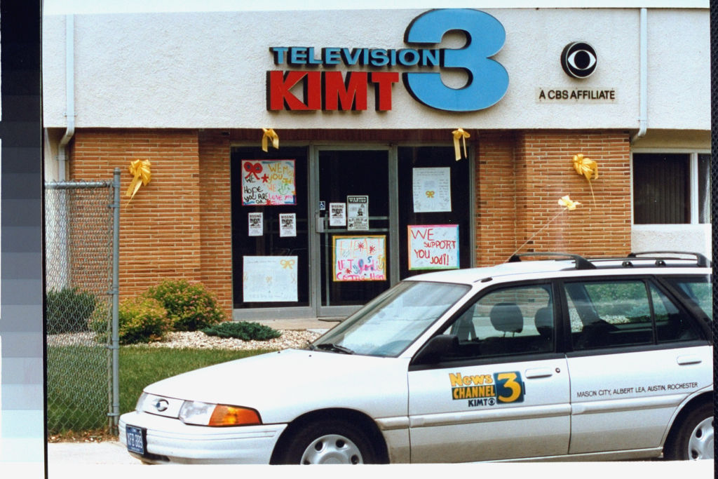 Exterior of KIMT TELEVISION 3, where posters are hanging in front doors, re mysterious disappearance of TV anchor Jodi Huisentruit on June 27.
