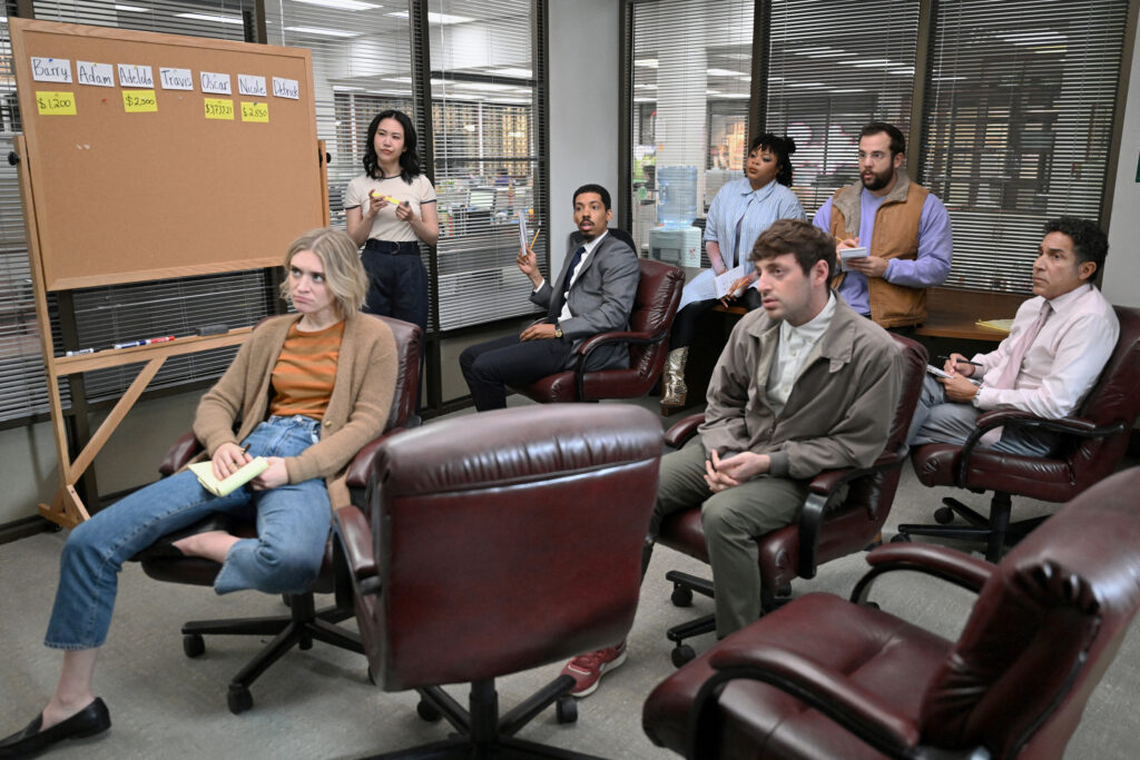 The Paper -- Episode 105 -- Pictured: (l-r) Chelsea Frei as Mare, Ramona Young as Nicole, Melvin Gregg as Detrick, Gbemisola Ikumelo as Adelola, Alex Edelman as Adam, Eric Rahill as Travis, Oscar Nunez as Oscar -- (Photo by: John P. Fleenor/PEACOCK)